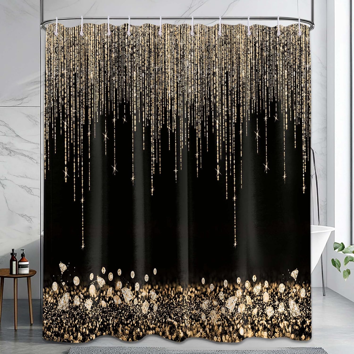 Home Bathroom Spa - Luksusowa Złota Brokatowa Zasłona Prysznicowa Czarna