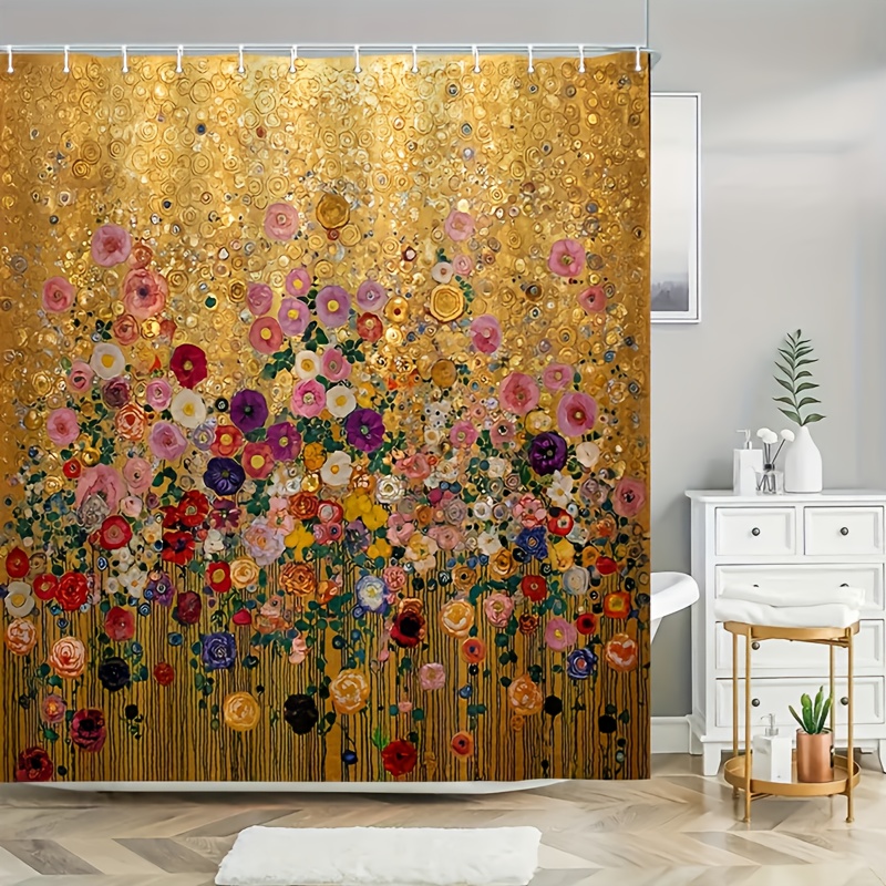 Home Bathroom Spa - Luksusowa złota zasłona prysznicowa z kwiatowym